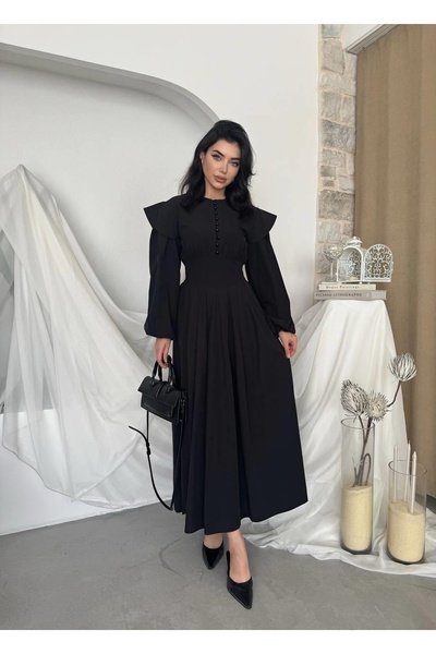 Clothes Fast Rochie midi neagră de damă, cu mâneci bufante, cu volane la umer...
