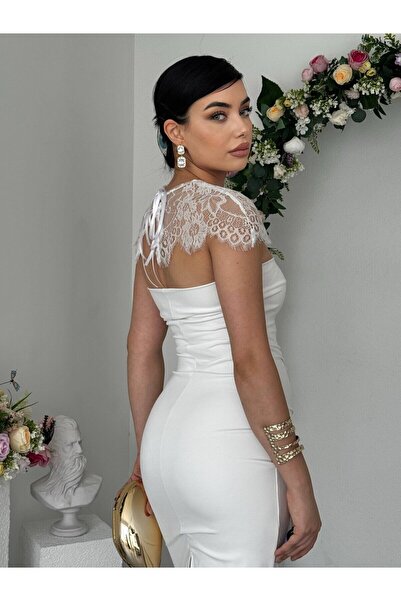 Moda Days Women's White Midi Dress with Lace Cape Collar and Draped Slim Fit ...