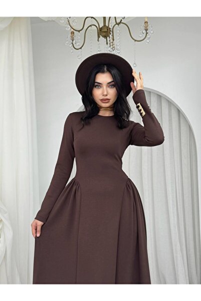 Moda Days Women's Coffee Color Midi Dress with Crew Neck, Long Sleeves and Ga...