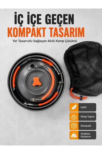 Epilons Kompakt Kamp Yemek Seti Alüminyum Tencere Tava Çaydanlık Taşıma Fileli Outdoor Set