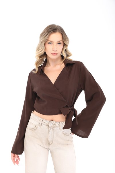 Siyah İz Women's Brown Double-Breasted Shirt Stylish Casual Modern Shirt
