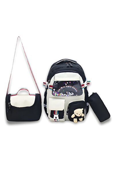 woomino Girl's 3-Piece Primary School Bag Set with Lunch and Pencil Case, Bla...