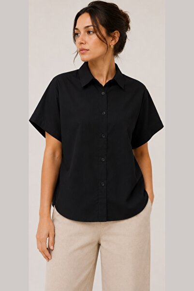 Space Fashion Women's Black Terikoton Fabric Buttoned Short Bat Sleeve Shirt