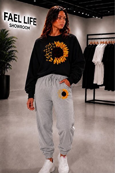 FAEL LİFE Unisex Wide Cut Zero Neckline and Sweatpants Moonflower Printed Set