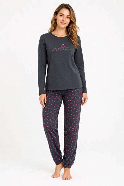 FAMES PİJAMA Women's Seasonal Long Sleeve Awesome Anthracite Pajama Set