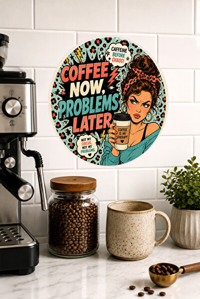 Mayeka Coffee Now Problems Later Masa rotundă MDF retro pentru femei, cu impr...