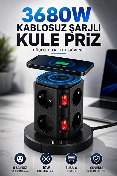 Merwish Kablosuz Şarjlı Uzatma Kule Priz 3680W 16A 230V, 8 Topraklamalı AC Priz, 10W Qi Şarj, 1 USB-A ve 2 Type-C Masaüstü Çoklu Priz