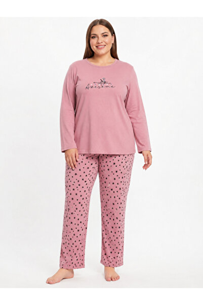FAMES PİJAMA Plus Size Women's Seasonal Long Sleeve Awesome Pink Pajama Set