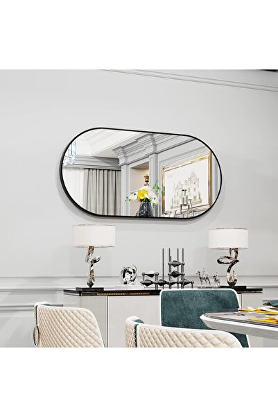 WISFOR Oval Wall Mirror Black: 100 x 50 cm with Modern Metal Frame for Bathro...