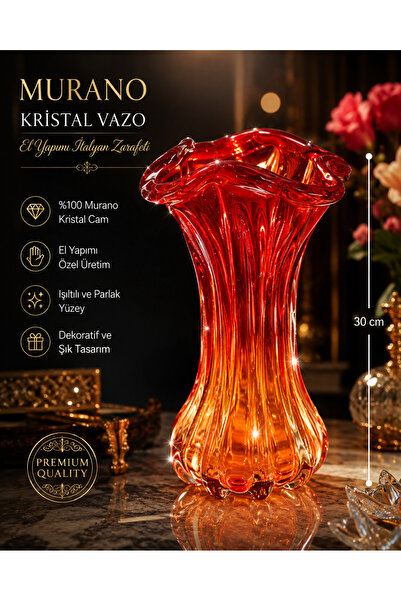 Atak Hediyelik Murano Kristal Cam Dekoratif Vazo Kırmızı Amber Geçişli – El Y...