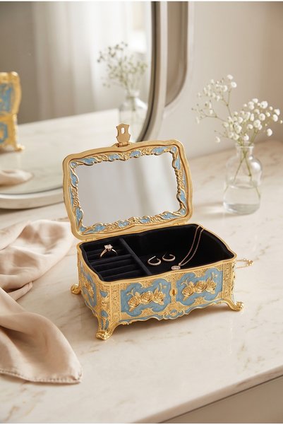RASHA COLLECTION Rose Patterned Gold Plated Mirrored Jewelry Box Large Size