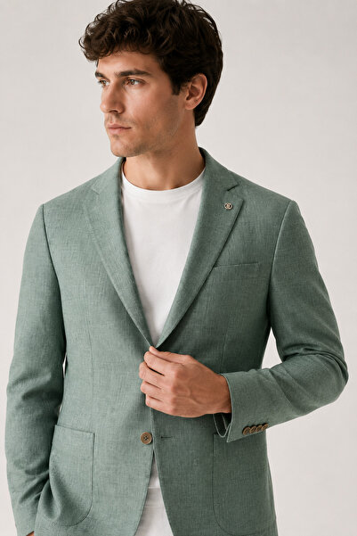 Sabri Özel Men's Linen Textured Patterned Lined 6 Drop Single Jacket 12002-Green