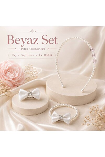 KADİR BABA Girl's 3-Piece Pearl Crown Bow Hair Clip and Bracelet Set