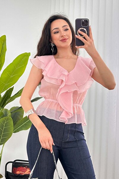 Clothes Fast Bluză țesută fără mâneci, roz, cu decolteu în V, cu volane și ta...