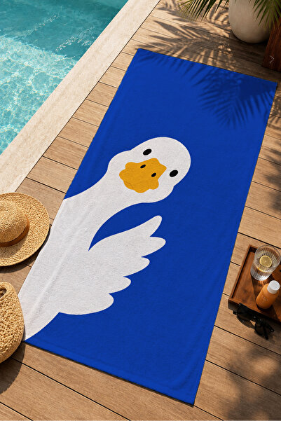 Evmila Moderni minimalistički beli peškir za plažu sa uzorkom guske u tamnopl...