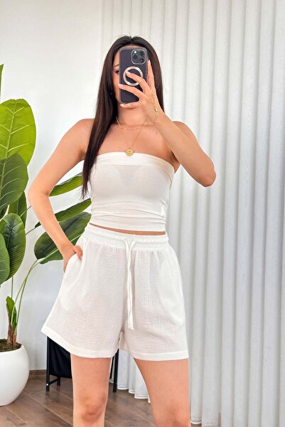 Clothes Fast Women's White Muslin Textured Pocketed Elastic Waist Lace-Up Sho...