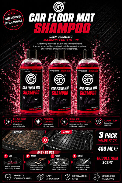 OTY Oto Paspas Şampuanı 400 ML Bubble Gum Kokulu Kauçuk Paspas Temizleyici, P...