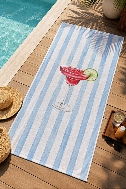 Evmila Retro Blue Striped Summer Cocktail Patterned 70X150 Beach Towel - Digi...