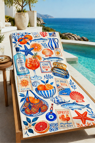 Evmila Mediterranean Blue Orange Veselă cu model fructe de mare 70x150 Prosop...