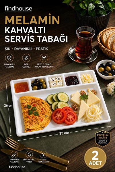 findhouse 6 Gözlü 2 ADET Sağlam Kaliteli Melamin Kahvaltı Sunum Servis Tabağı...