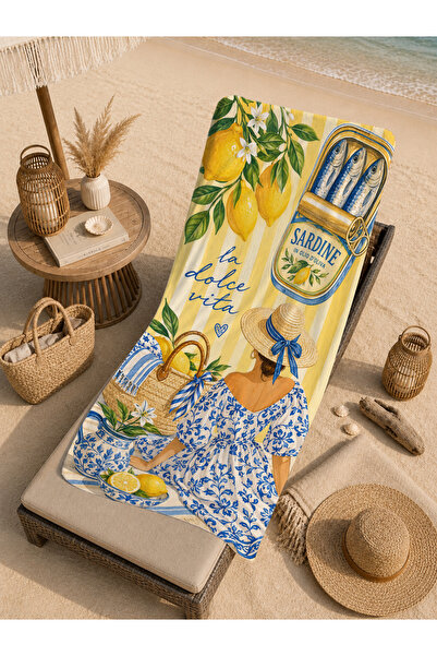 Evmila Mediterranean Lemon Blue Tile Patterned 70X150 Beach Towel - Digital P...