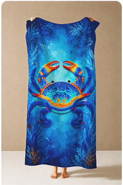Evmila Colorful Blue Ocean Crab and Coral Patterned 70X150 Beach Towel - Digi...