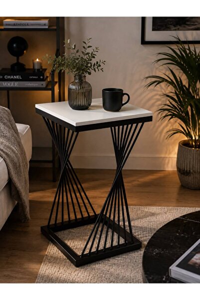 FERR CONCEPT Modern Çapraz Metal Ayaklı Beyaz Kare Yan Sehpa - Dekoratif Kahv...