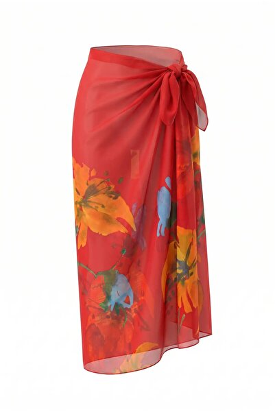 hazelin Women's Orange Patterned Silky Textured Imported Chiffon Pareo Hzl26-...