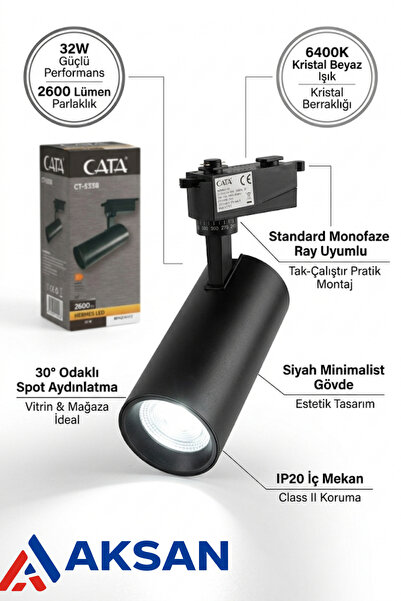 Cata CT-5338 32W LED Ray Spot Beyaz Işık 6400K Siyah Gövde 2600 Lümen Mağaza ...