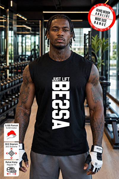 BESSA Black Just Lift White Printed Crew Neck Sports Athlete Tank Top Cotton ...