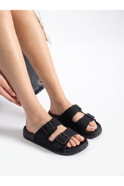 Amiral Ayakkabı Women's Black Double-Strapped Buckle Casual Comfortable Summer Slippers