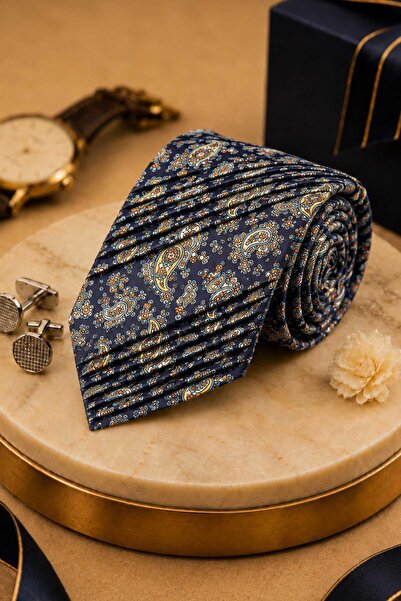 Kravatkolik Navy Blue Shawl Pattern Italian Silk Pleated Tie Est221