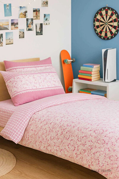 Universal Pembe Çiçek Desenli Pamuklu Tek Kişilik Nevresim Takımı