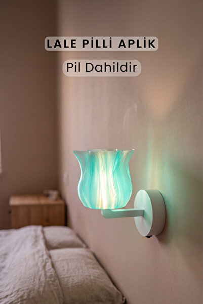 Siyempi Buz Mavisi Lale Aplik 15 cm Pilli Gün Işığı Ledli Tekli Kablosuz Duva...