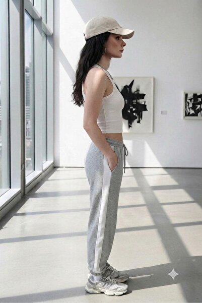 CAST COLLECTİON Women's Gray and White Summer Sweatpants