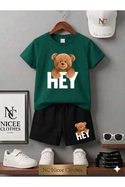 Leto Lykia Summer Children's T-Shirt Shorts Unisex (White with Hey Bear Print)