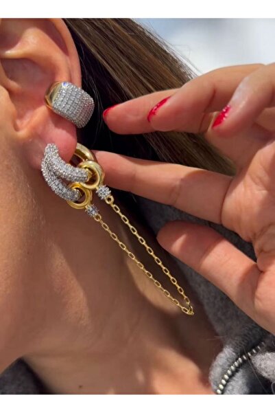 Niceboutique Design 2-Piece Chain and Stone Vera Steel Earrings