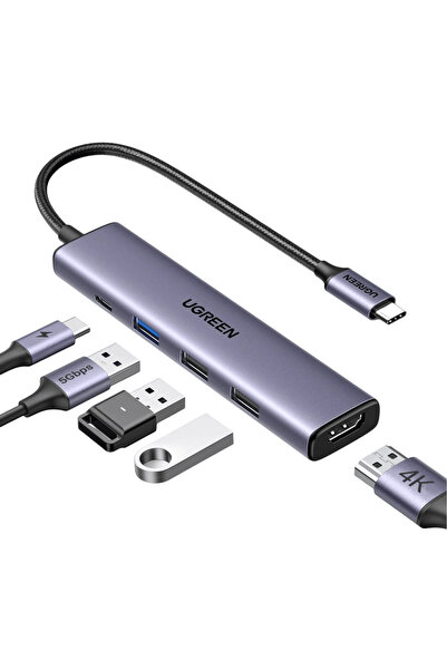 Ugreen Revodok 5-σε-1 Προσαρμογέας USB-C Hub, 4K HDMI, 100W PD, USB-A, Γκρι