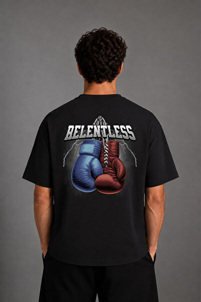 VSRN Relentless Boxing Design Back Printed Black Oversize t Shirt