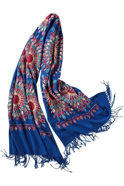 Urban CoCo Women's Embroidered Oversize Tassel Shawl Scarf