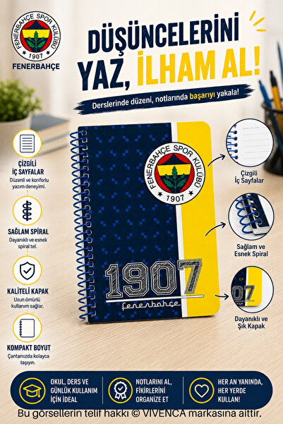 Fenerbahçe VİVENCA YENİ SEZON LİSANSLI A6 ÇİZGİLİ TEK ADET SPİRALLİ DEFTER 60...