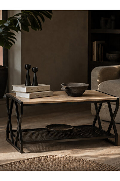 boz concept home Home X-Frame Metal Orta Sehpa 94x50 cm – Ahşap Görünümlü Üst...