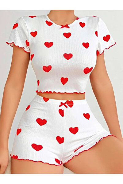 Kırmızı Kalp Desenli Fitilli Mini Şortlu Pijama Takımı