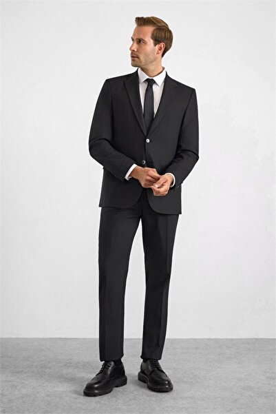 SÜVARİ Black Slim Double Breasted Vertical Striped Straight Pocketless 6 Drop...