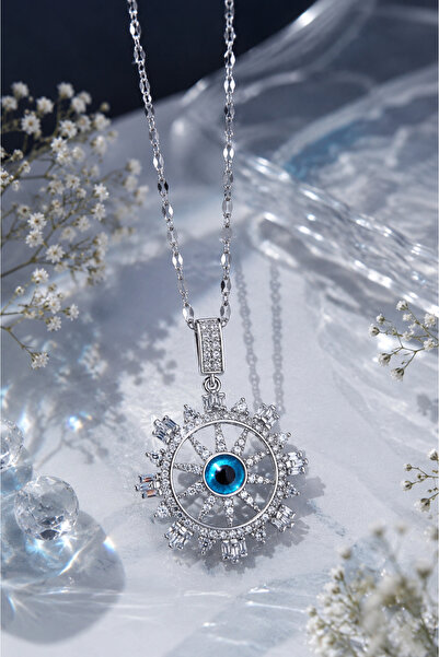 Sylvera Shop Evil Eye Badge Sparkling Steel Necklace (Silver Color)