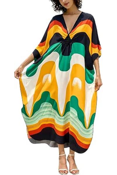 GENERAL Women's Bohemian Kaftan Maxi Loungewear Oversized Nightgown Homewear ...