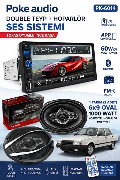 poke audio Tofaş Uyumlu İnce Kasa Double Teyp + 6x9 Oval 1000W Koaksiyel Hoparlör Seti PK-6014