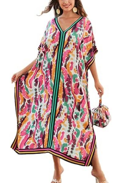 YouKD Maxi Dress V-Neck Kaftan Boho Robes Beach Cover-ups Dress Maxi Garment ...