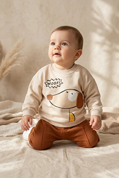 Babydonat طقم أطفال من قطعتين من Pawsy Cotton بتصميم كلب - سويت شيرت قطني كري...