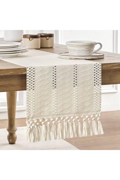 Generic Brand Bohemian style handwoven table runner, ivory, 274 cm long, farm...